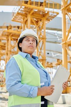 Confident female engineer in safety gear at a busy construction site, holding a clipboard.